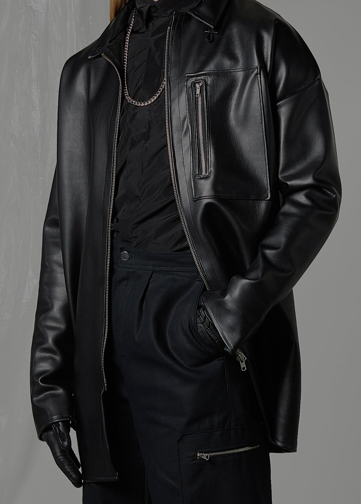 OBSCURANT Leather Trench Jacket with Cargo pocket and Double zipper